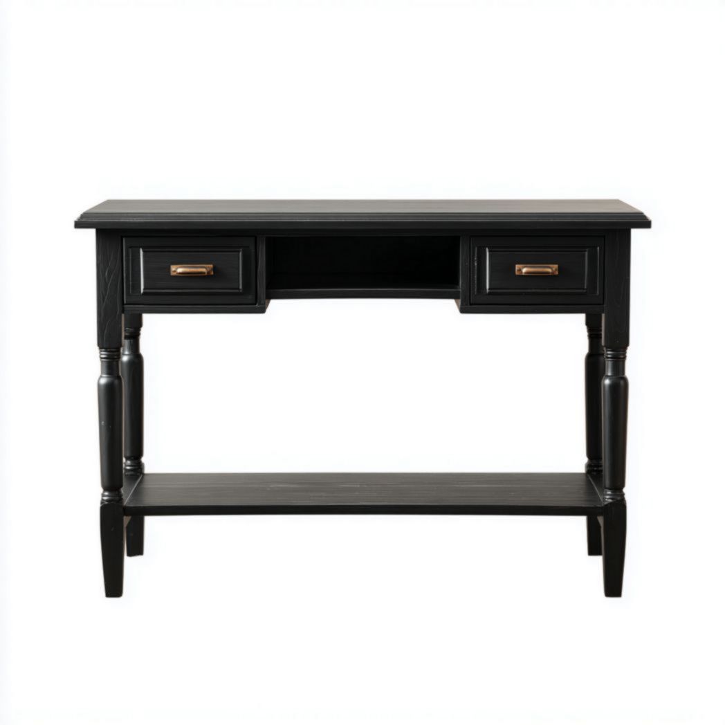 Bureau en bois noir avec deux tiroirs, poignées métalliques dorées