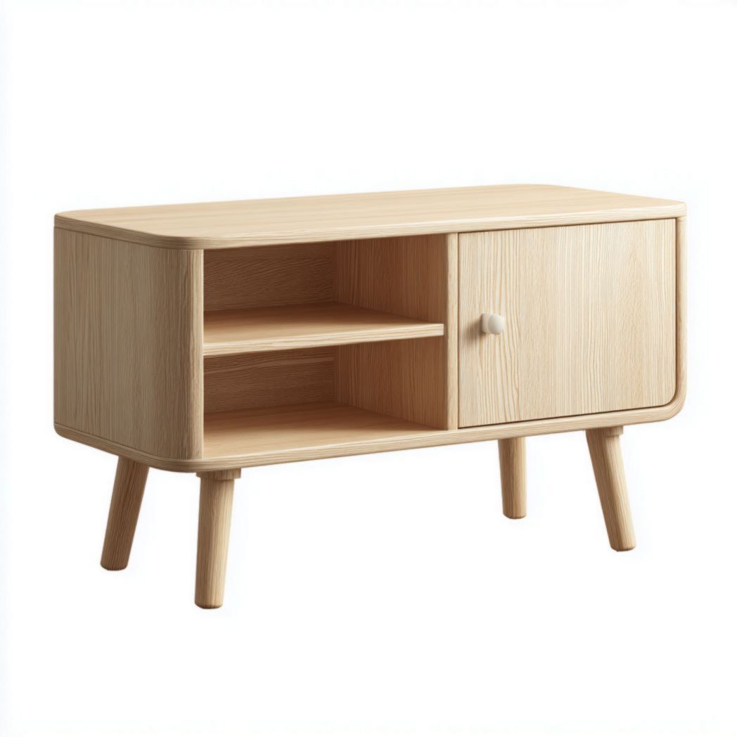 Meuble TV en bois brun clair avec niche ouverte et porte latérale