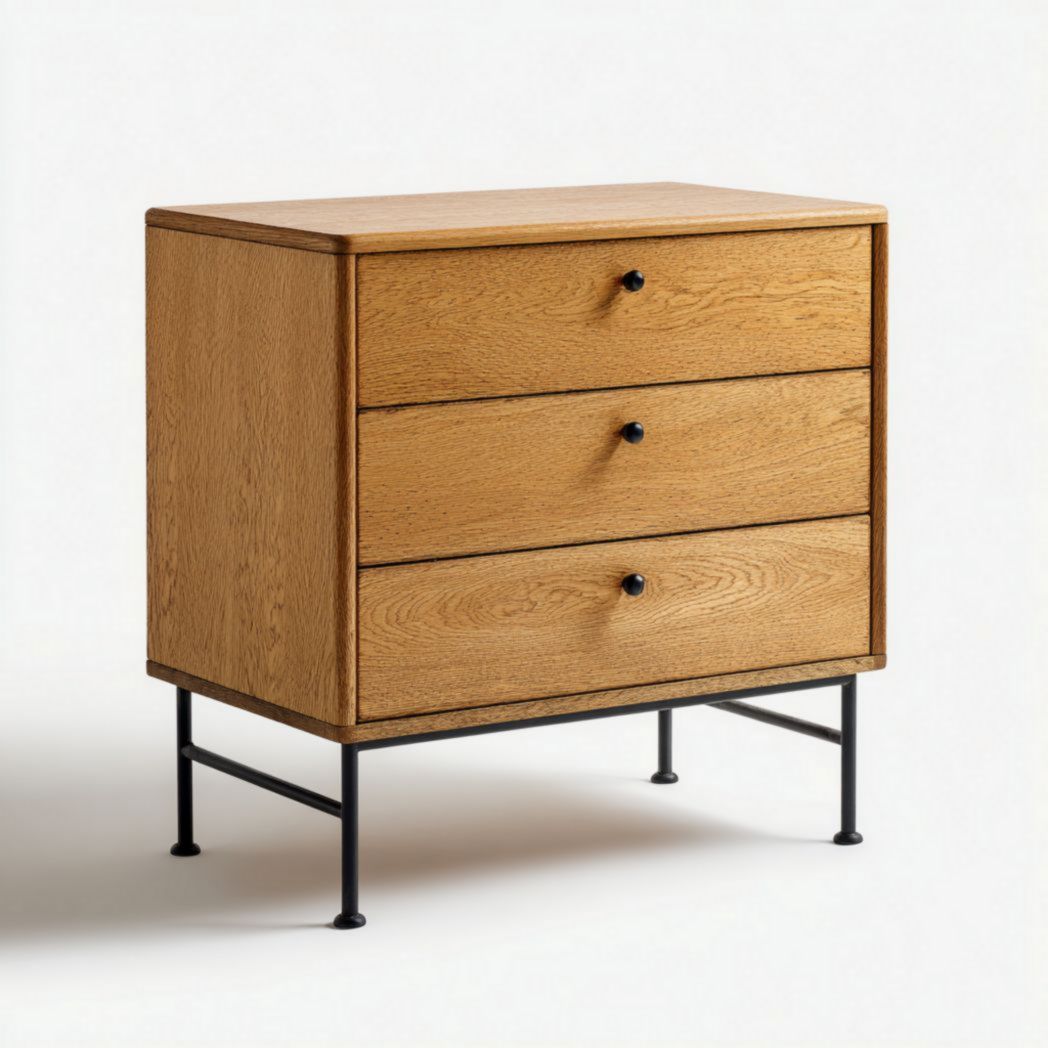 Commode en bois brun clair à trois tiroirs, pieds en métal noir