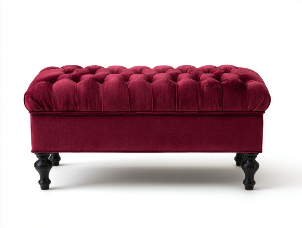 Banc en velours bordeaux avec pieds en bois noirs