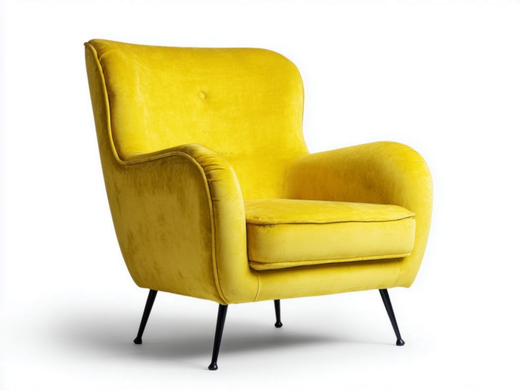 Fauteuil en tissu velours jaune, pieds métalliques noirs