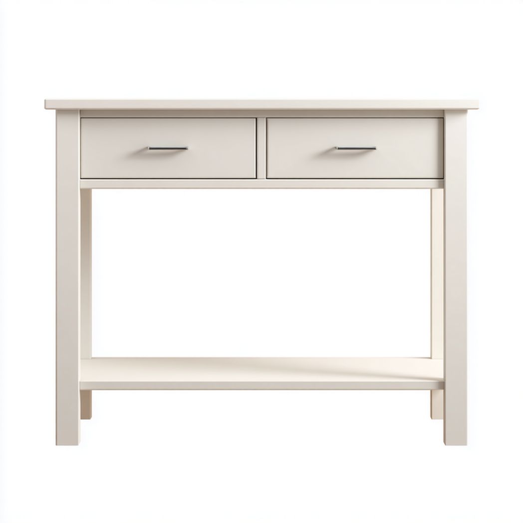 Bureau en bois blanc cassé avec deux tiroirs et étagère basse