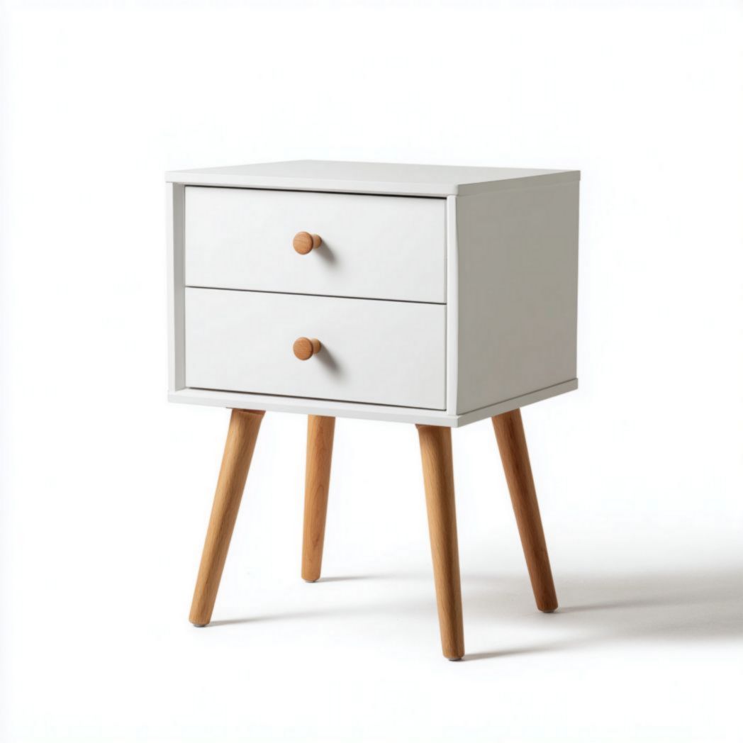 Table de chevet en bois blanc à deux tiroirs, pieds brun clair