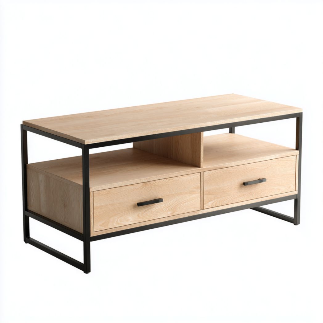 Meuble TV en bois brun clair avec cadre en métal noir deux tiroirs