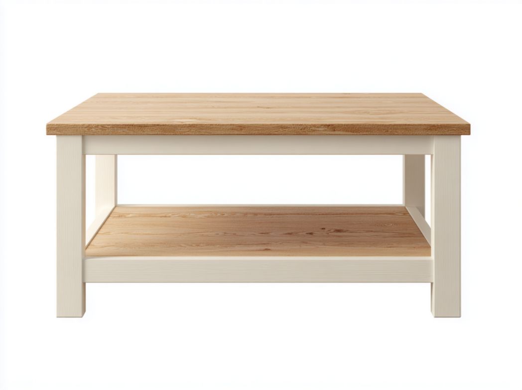 Table basse carrée avec structure blanche et plateau bois