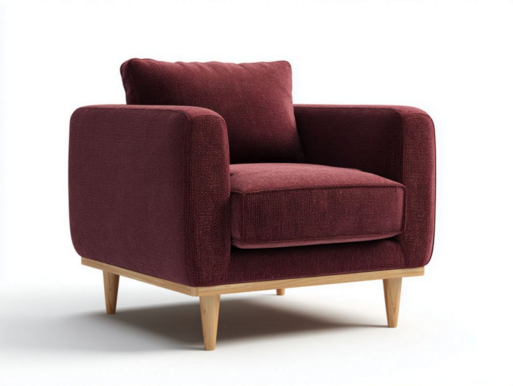 Fauteuil en tissu polyester mélangé bordeaux, pieds en bois brun clair