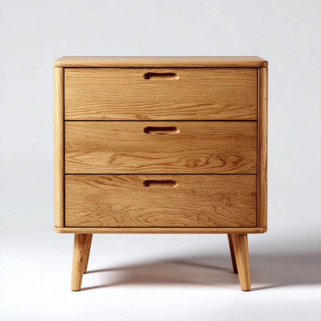 Commode en bois brun clair à trois tiroirs avec poignées intégrées