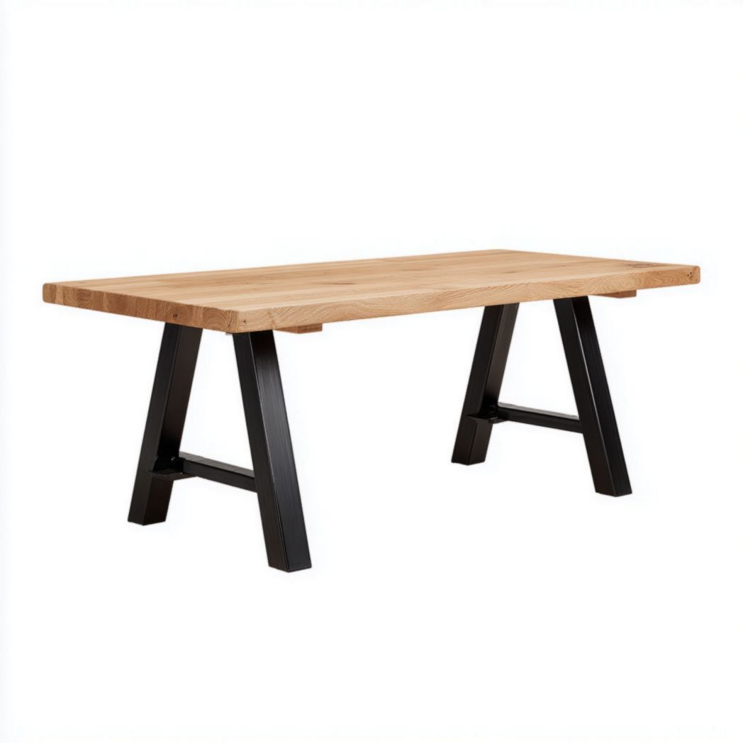 Table à manger avec plateau en bois brun clair et pieds métalliques noirs