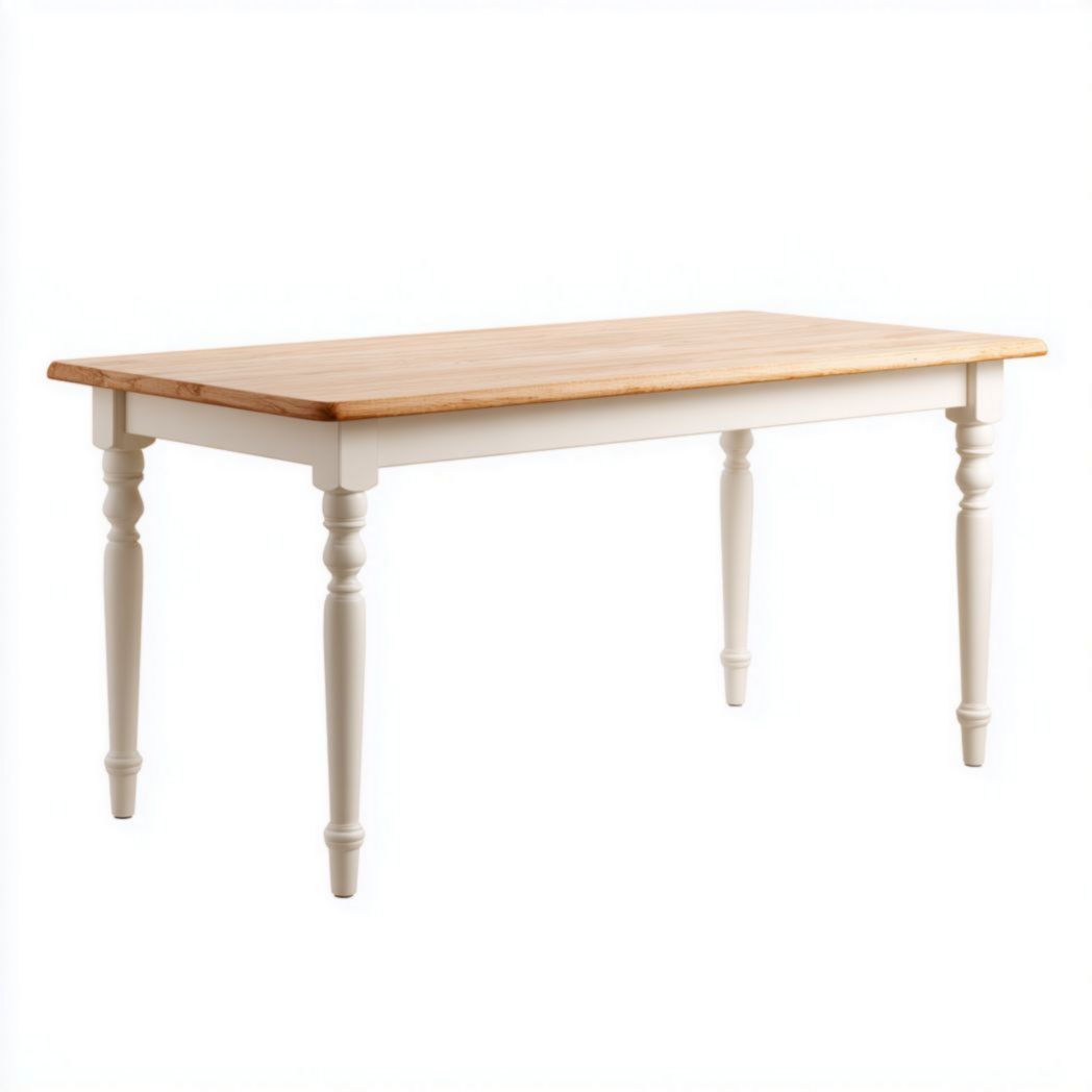 Table à manger en bois avec plateau brun clair et pieds blancs