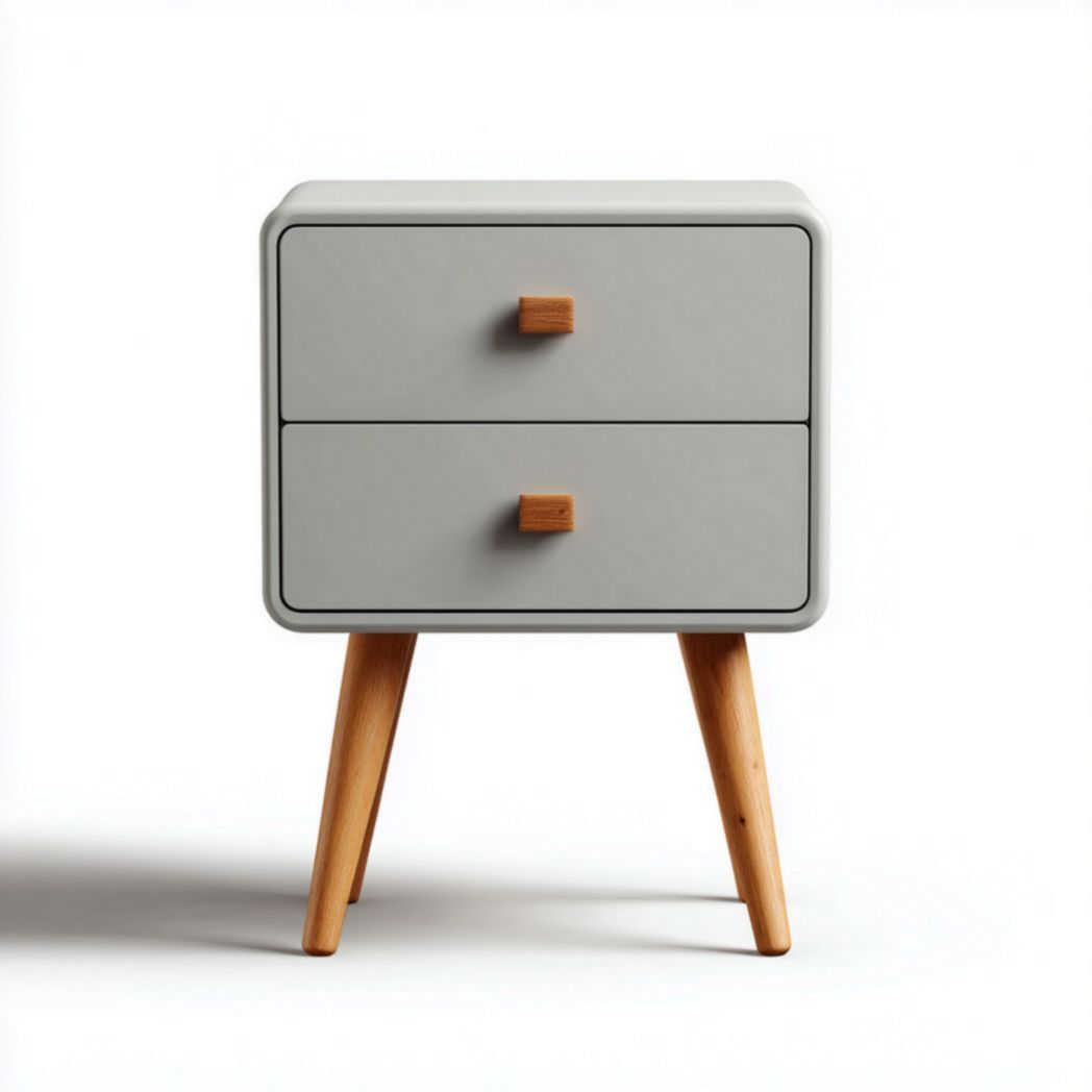 Table de chevet en bois gris clair à deux tiroirs, pieds brun clair