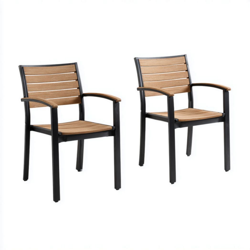 Lot de 2 chaises de jardin à lattes en bois brun clair et structure noire
