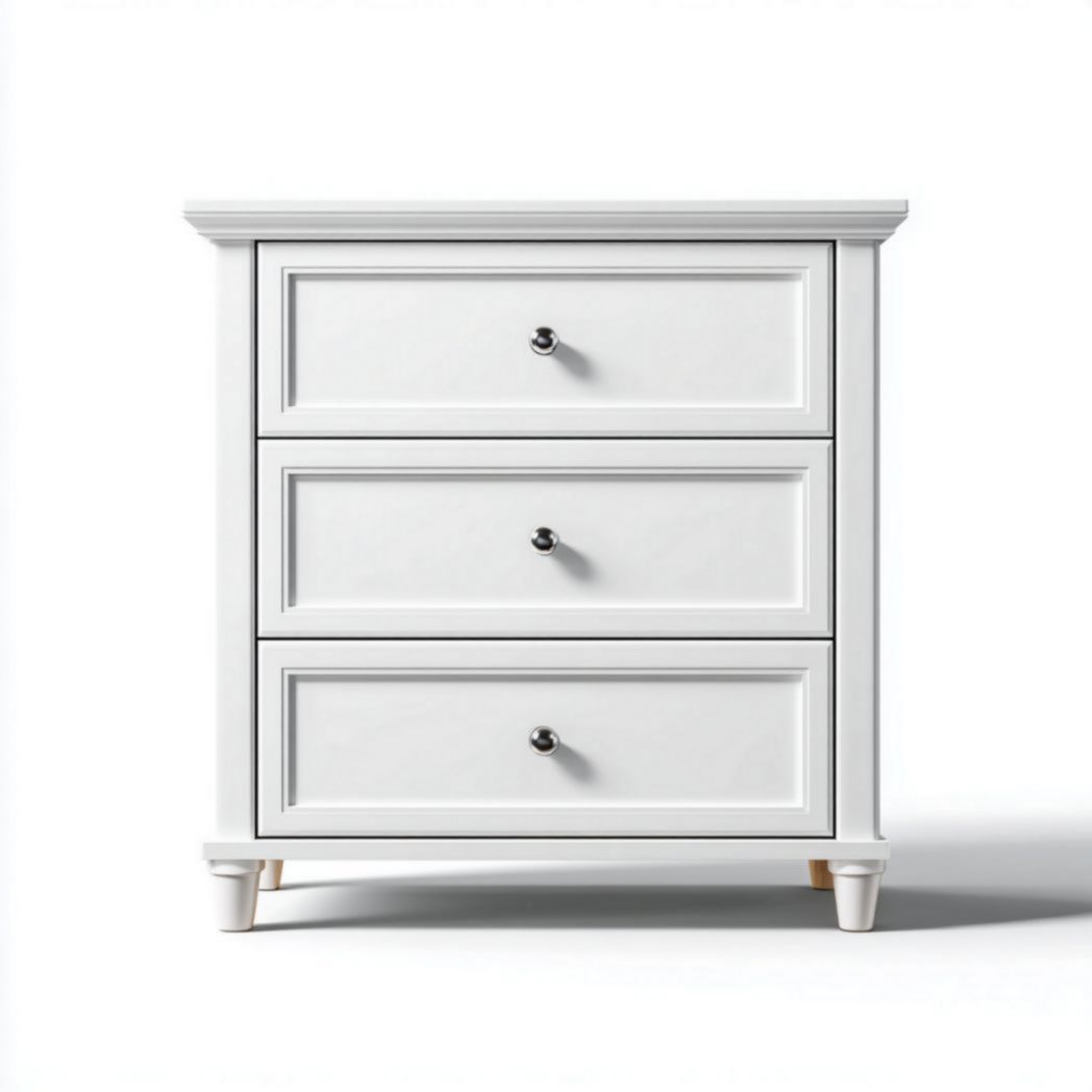 Commode en bois blanc avec poignées métalliques argentées à trois tiroirs