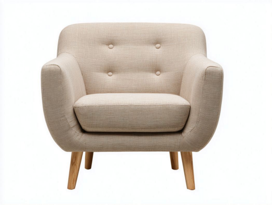 Fauteuil en tissu beige en lin mélangé, pieds en bois brun clair