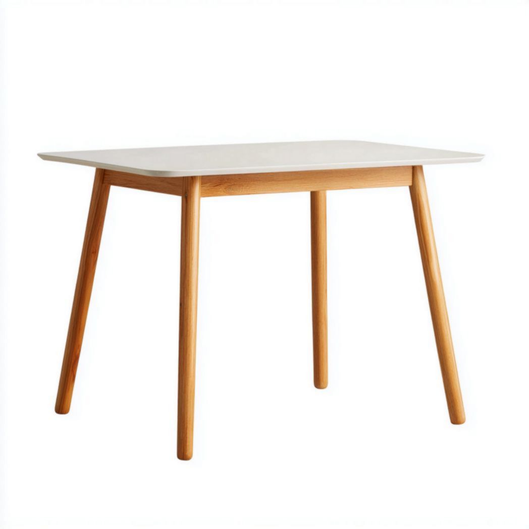 Table à manger en bois avec plateau blanc et pieds brun clair
