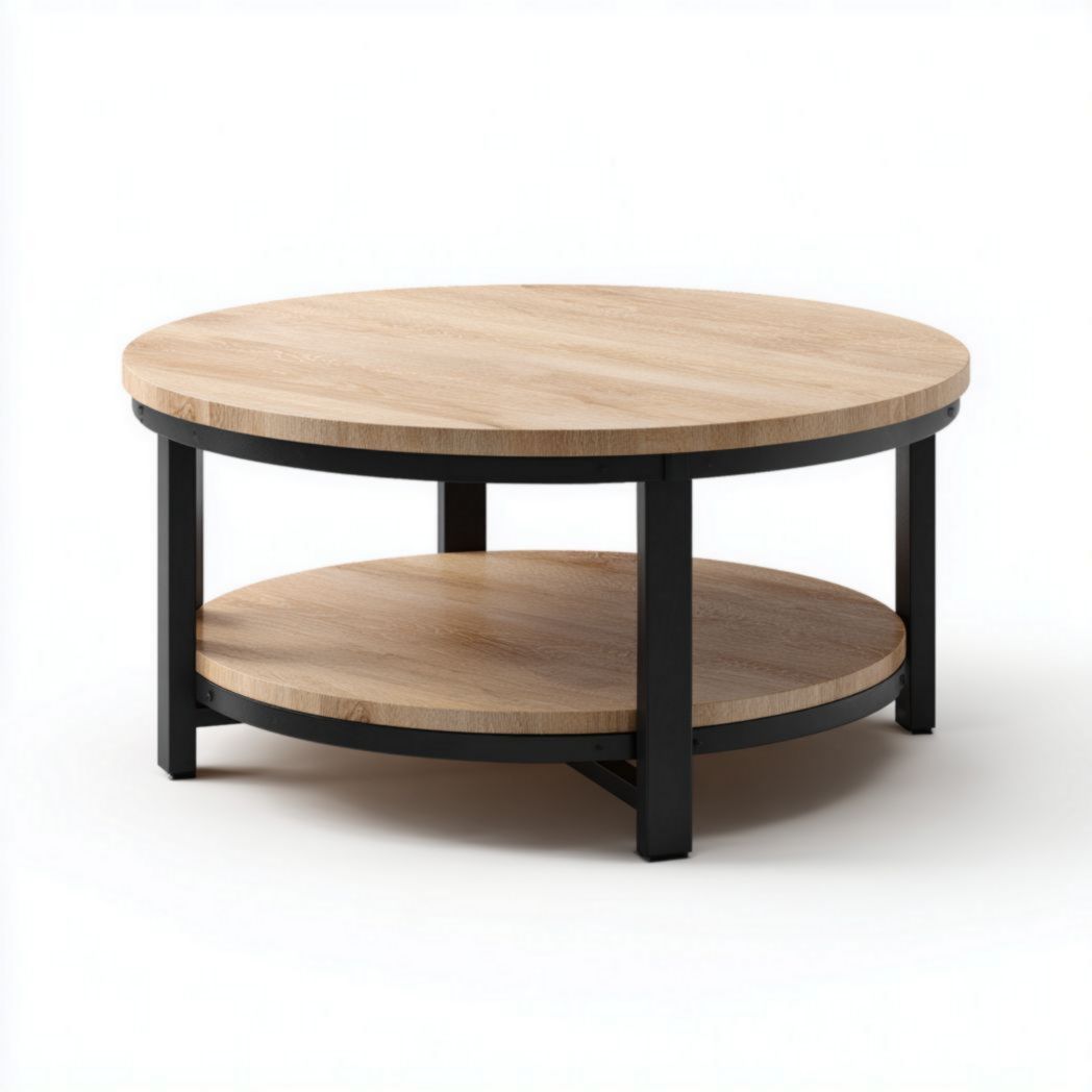 Table basse ronde à deux niveaux avec plateau en bois brun clair et structure noire