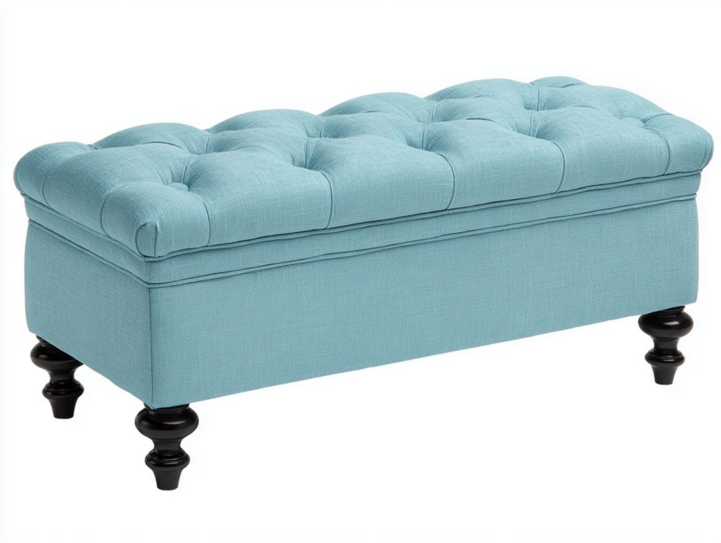 Banc de rangement en tissu aspect lin bleu clair avec pieds en bois noirs