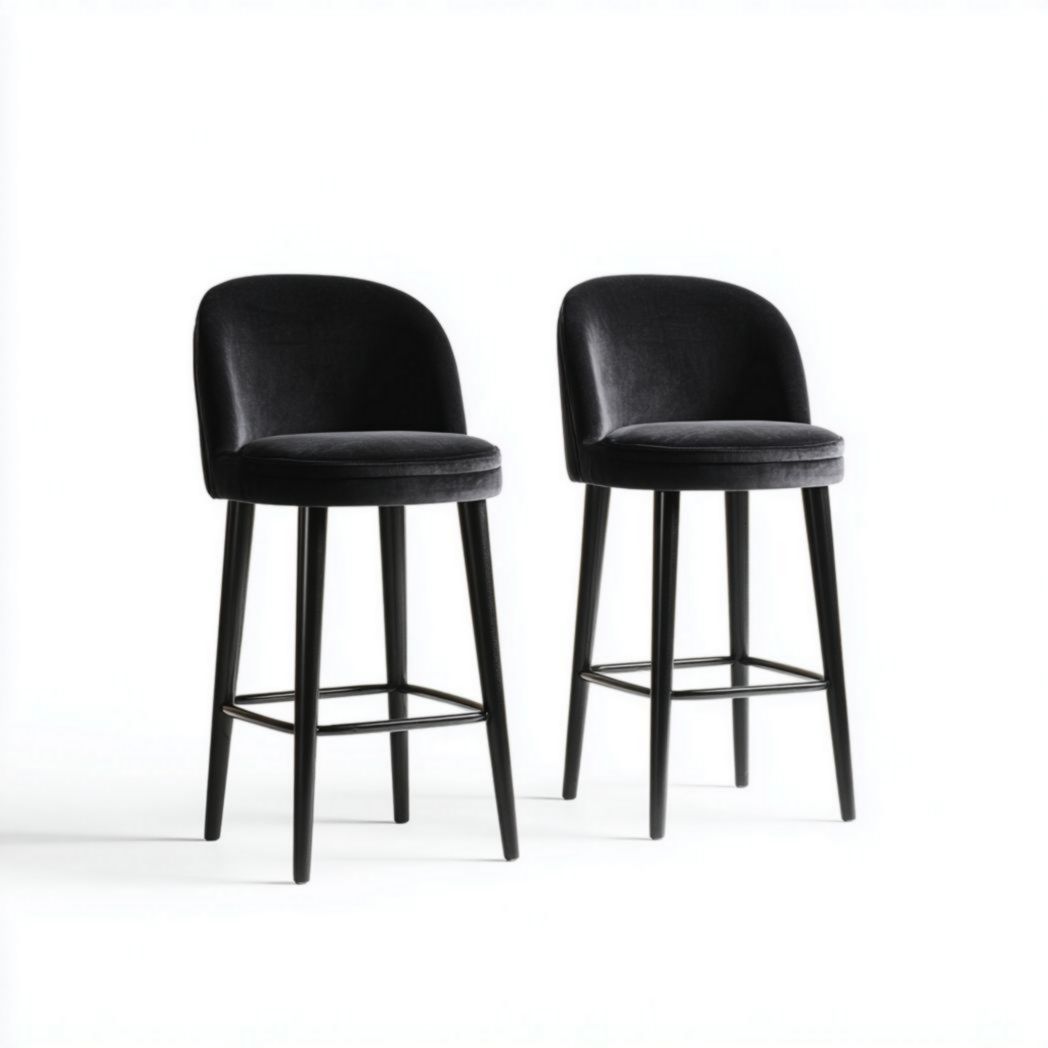 Lot de 2 chaises de bar en tissu velours noir avec pieds métalliques noirs