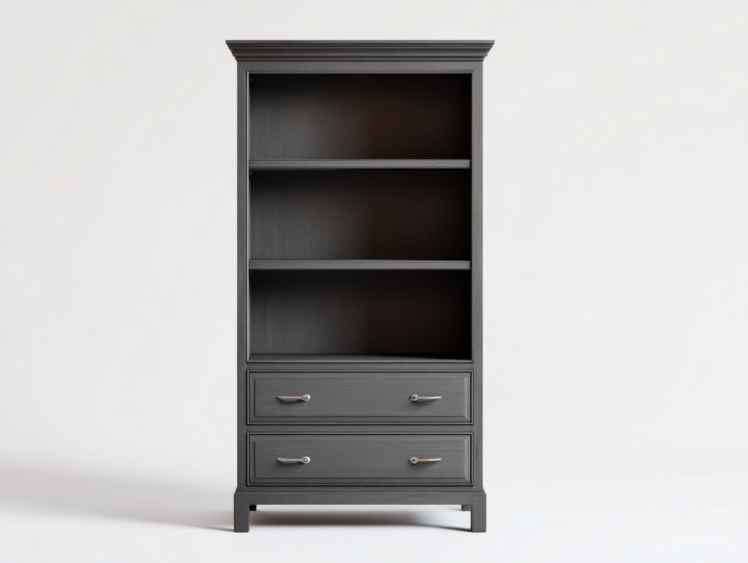 Bibliothèque gris foncé à trois niveaux avec deux tiroirs