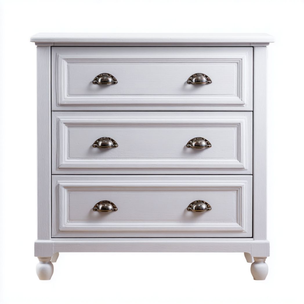 Commode blanche à trois tiroirs avec poignées métalliques