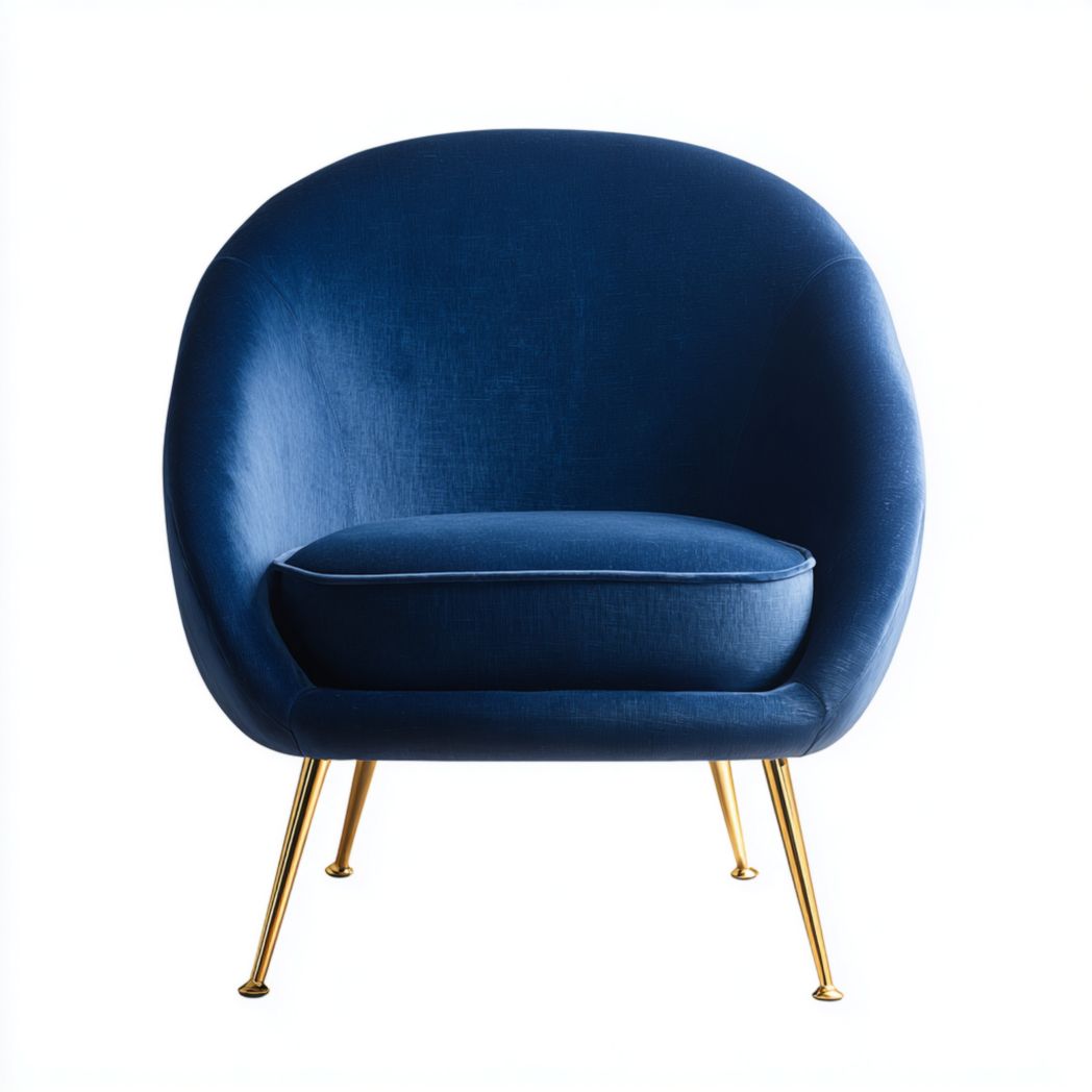 Fauteuil en velours bleu foncé avec pieds en métal doré