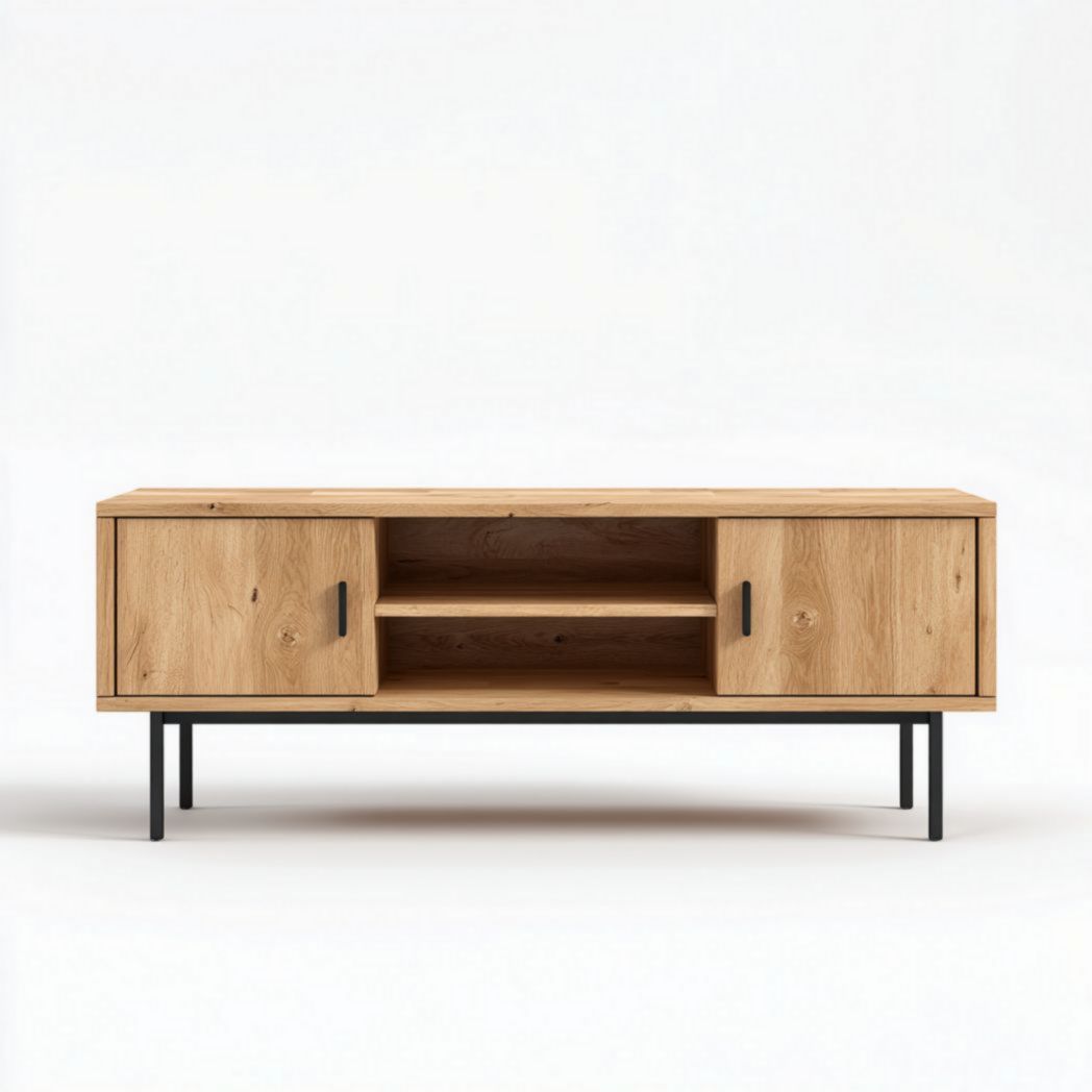 Meuble TV double porte en bois brun clair avec pieds en métal noir