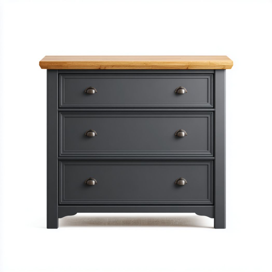 Commode en bois gris foncé avec plateau brun clair et poignées métalliques