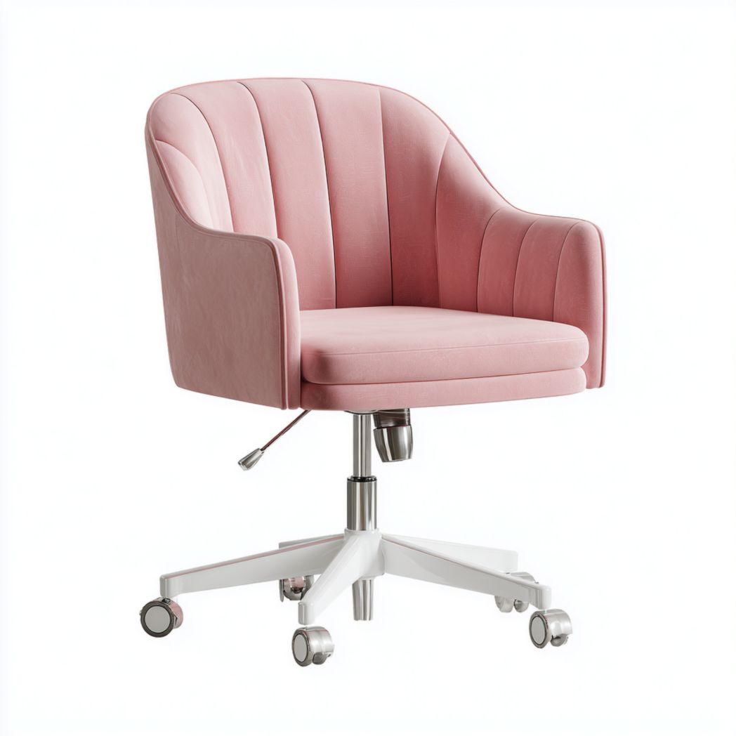 Chaise de bureau en velours rose – Siège pivotant avec base blanche