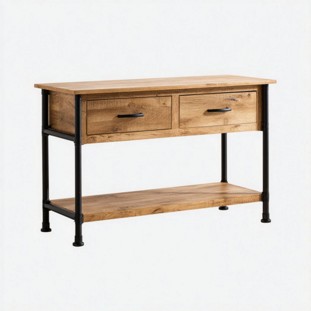 Console à deux tiroirs en bois brun clair avec structure métallique noire