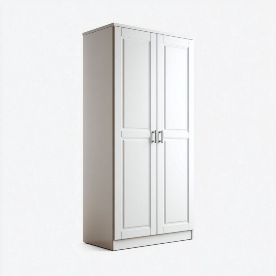 Armoire blanche à deux portes, poignées métalliques argentées