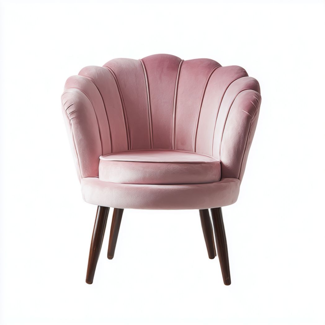 Fauteuil coquillage en velours rose avec pieds brun foncé