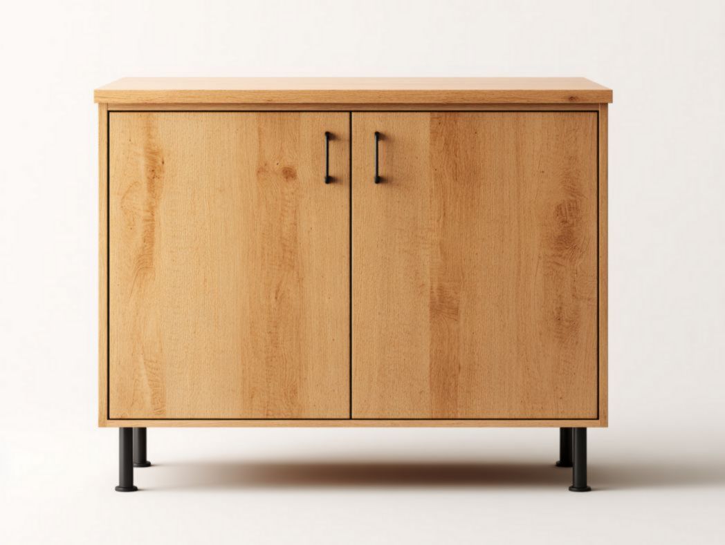 Buffet de cuisine en bois brun clair avec pieds métalliques noirs et deux portes