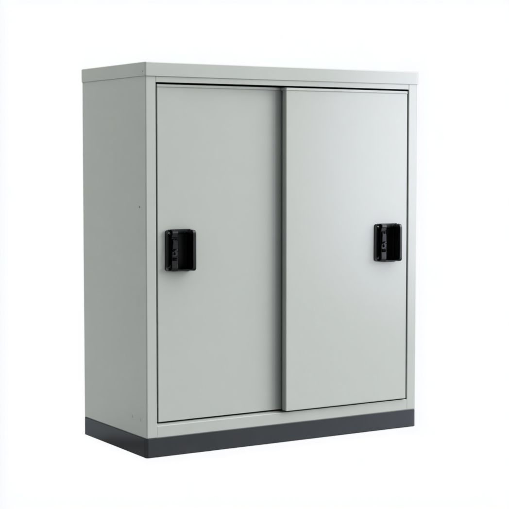 Caisson de rangement métallique gris clair à deux portes avec poignées noires