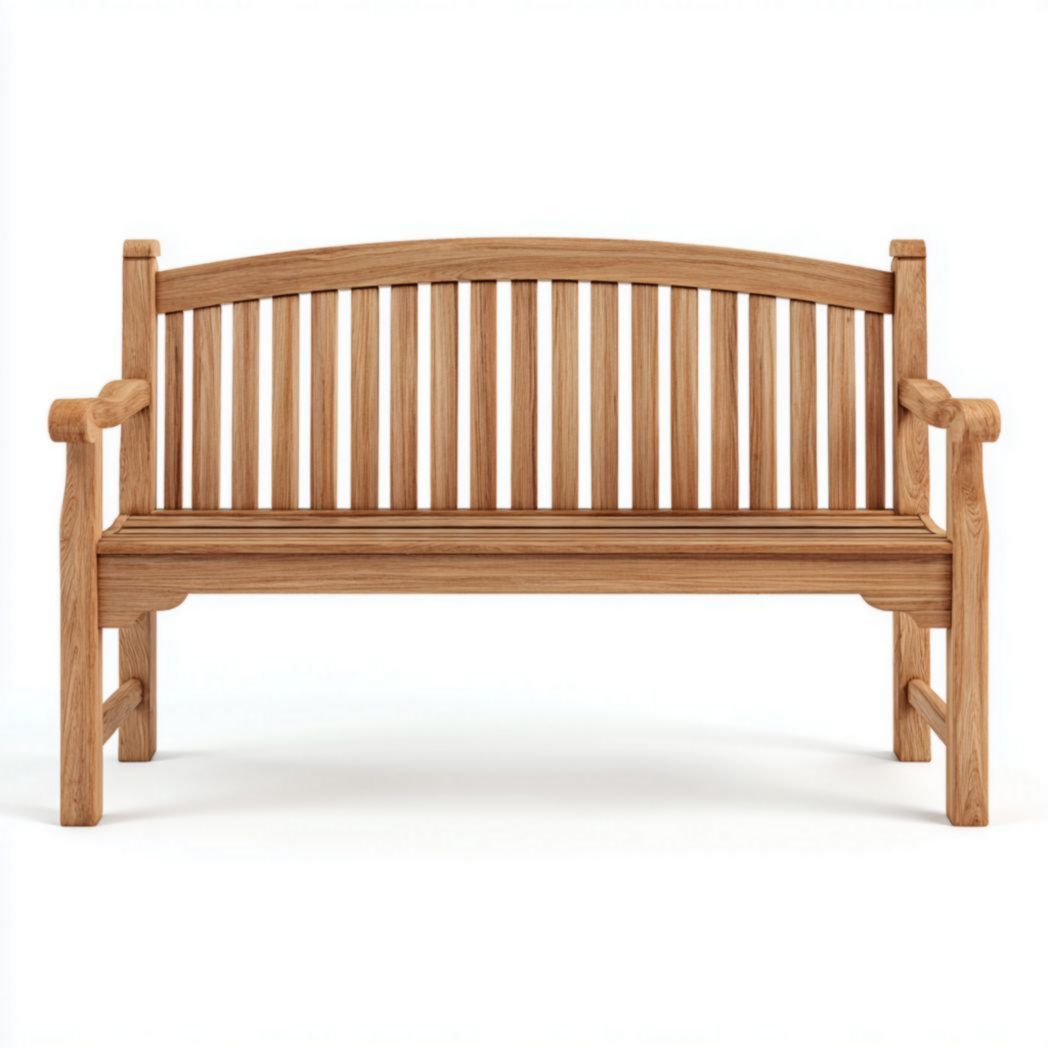 Banc de jardin en bois brun clair avec dossier à lattes incurvé