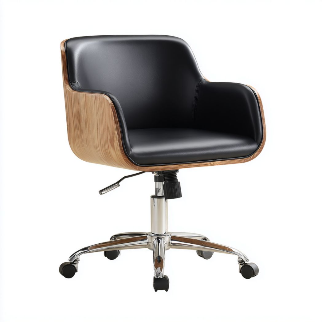 Chaise de bureau noire en cuir avec coque bois – Hauteur réglable