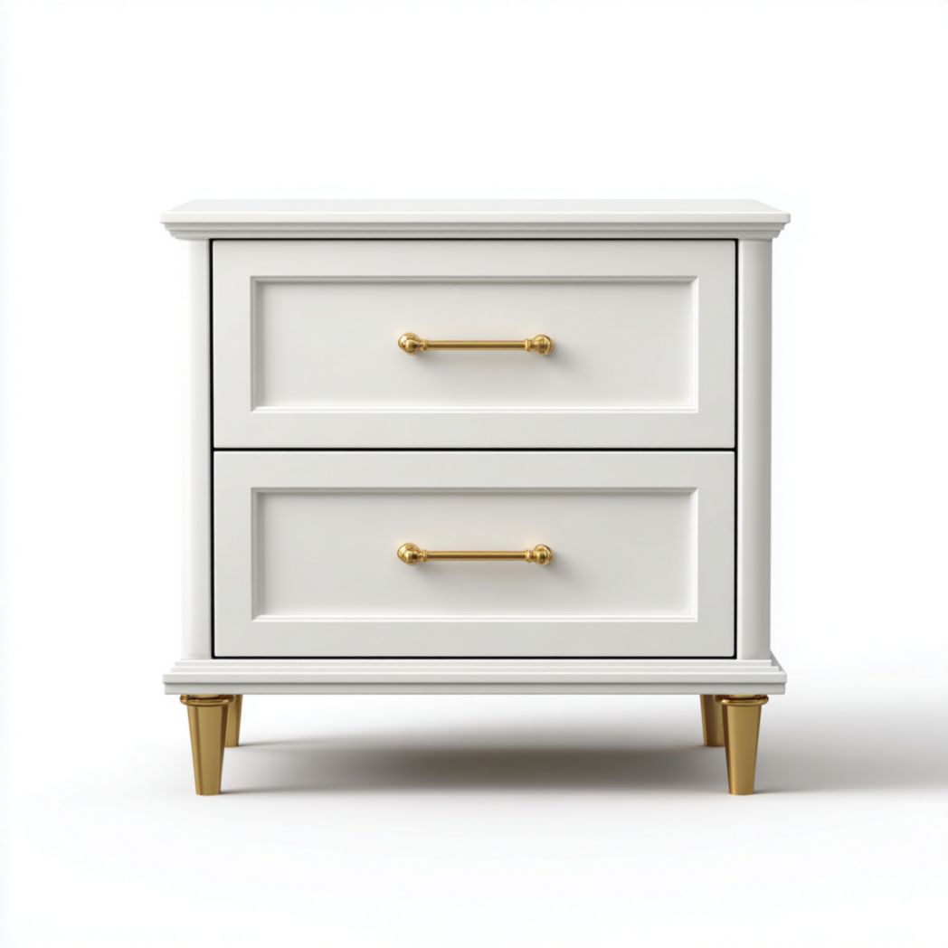 Table de chevet en bois blanche à deux tiroirs - Poignées et pieds dorés