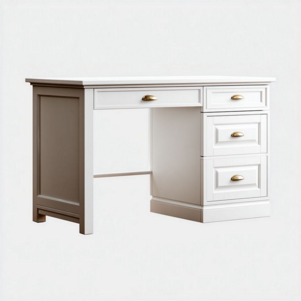 Bureau en bois blanc avec quatre tiroirs, poignées métalliques dorées