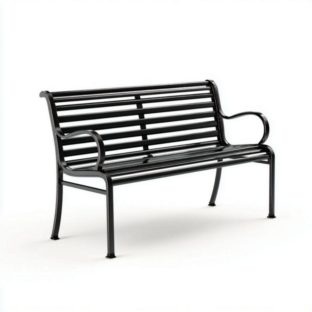 Banc de jardin en métal noir à lattes avec accoudoirs courbés