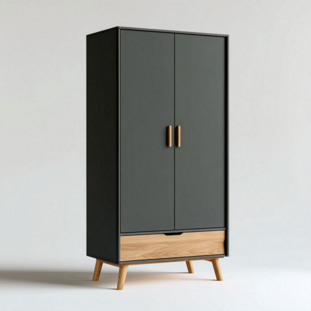 Armoire en bois gris foncé à deux portes avec tiroir brun clair