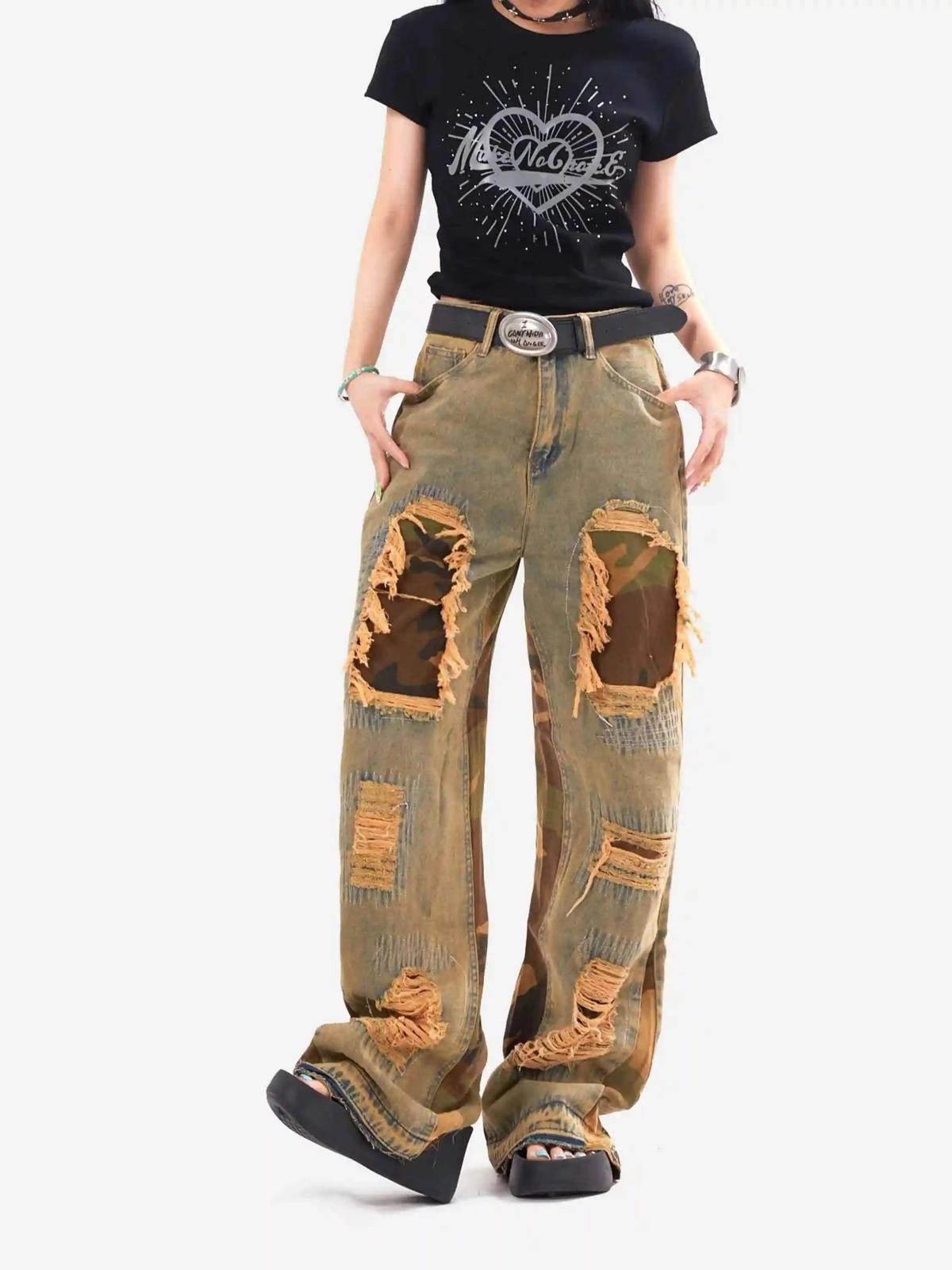 TALISHKO Retro Patchwork Camouflage Flared Jeans