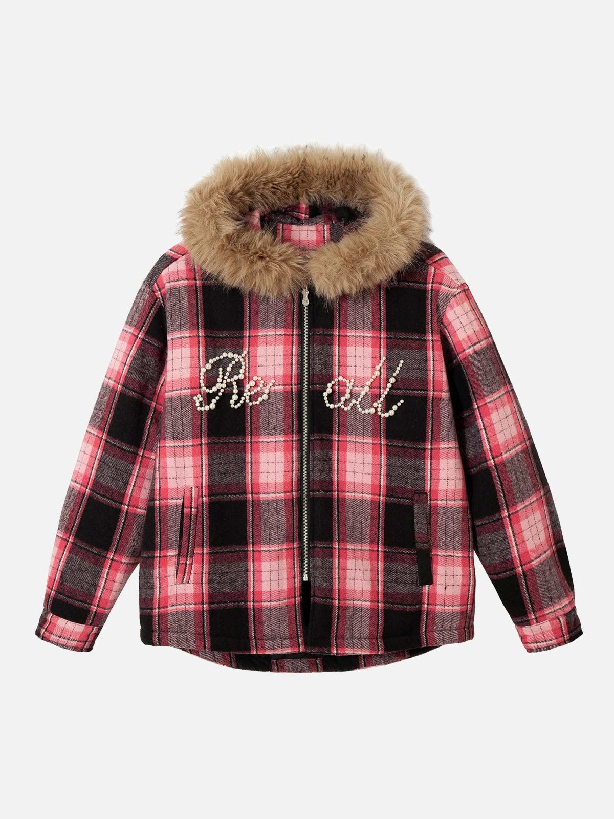 TALISHKO Beaded Fur Collar Padded Plaid Jacket