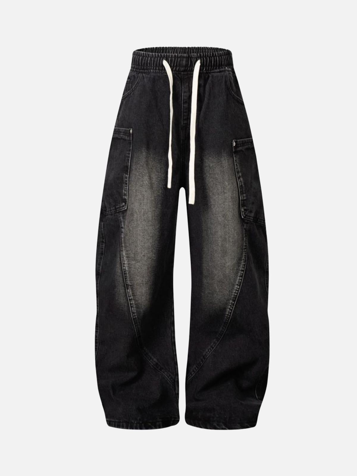 TALISHKO Washed Distressed Split Drawstring Barrel Jeans