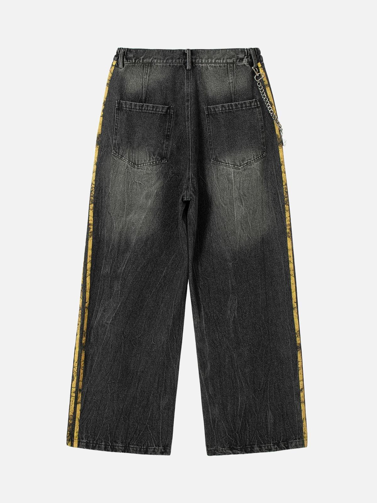 TALISHKO Distressed Striped Side Chain Patchwork Ripped Straight Jeans