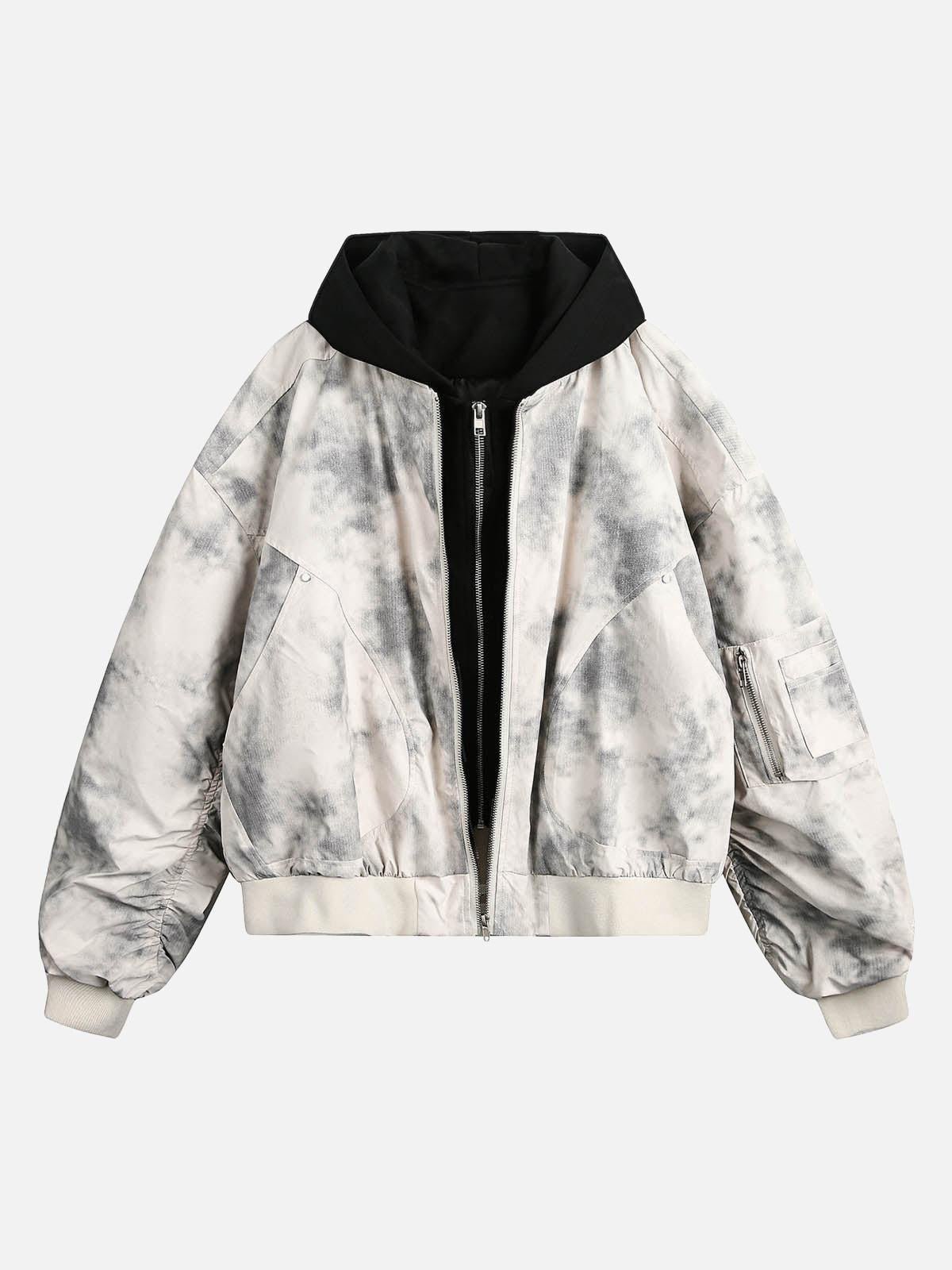 TALISHKO Patchwork Faux Two-Piece Gradient Hooded Bomber Jacket