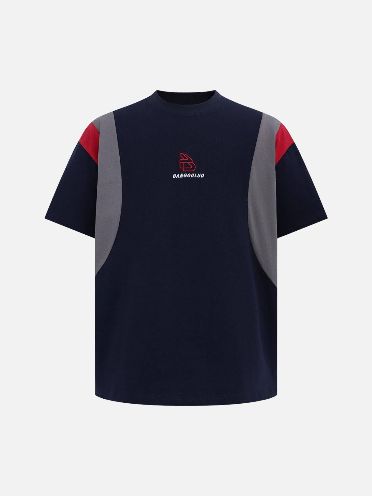 TALISHKO Retro Contrast Color Stitching Embroidered Letter Jersey T-Shirt
