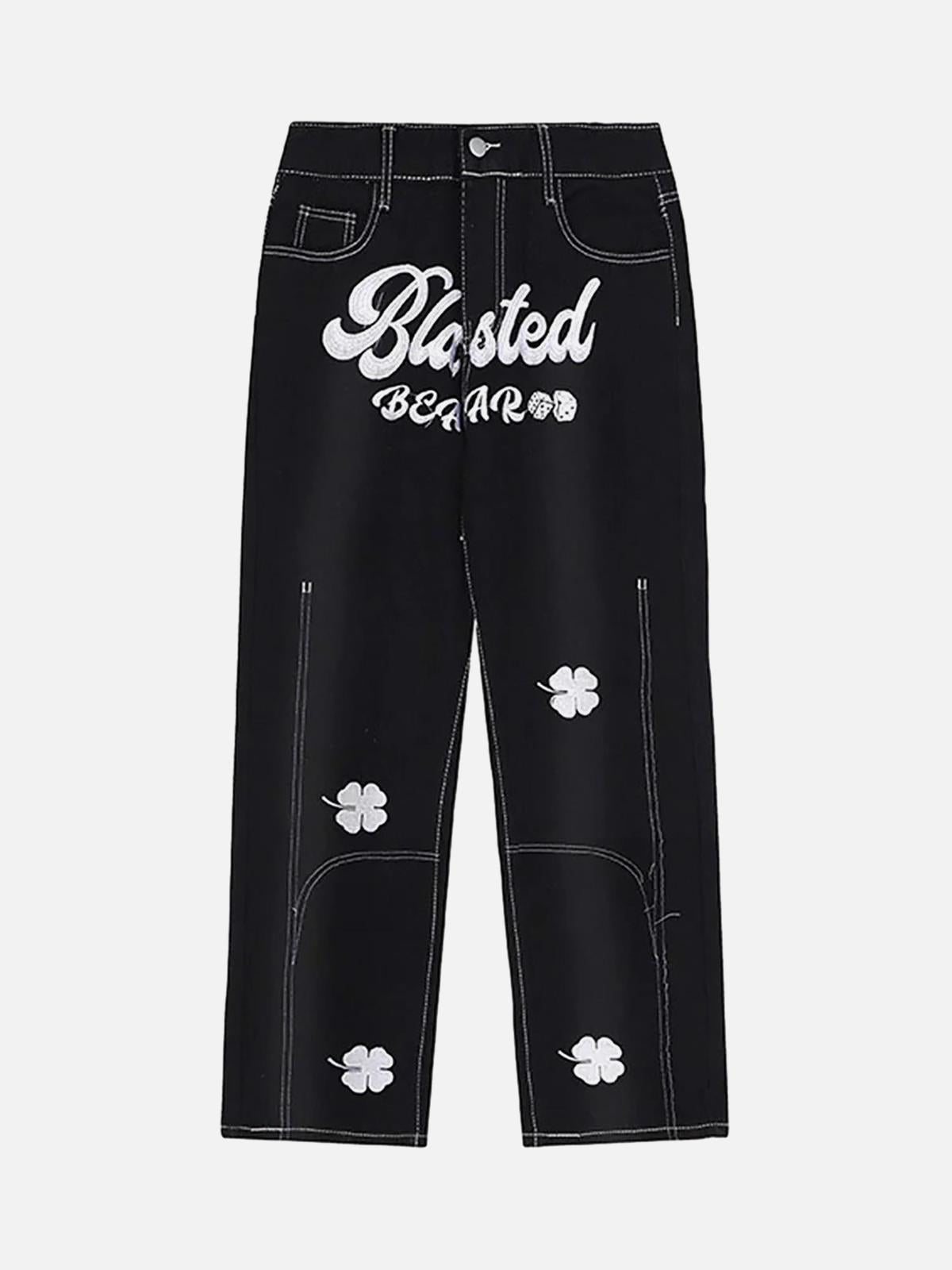 TALISHKO Letter Lucky Clover Embroidered Baggy Jeans