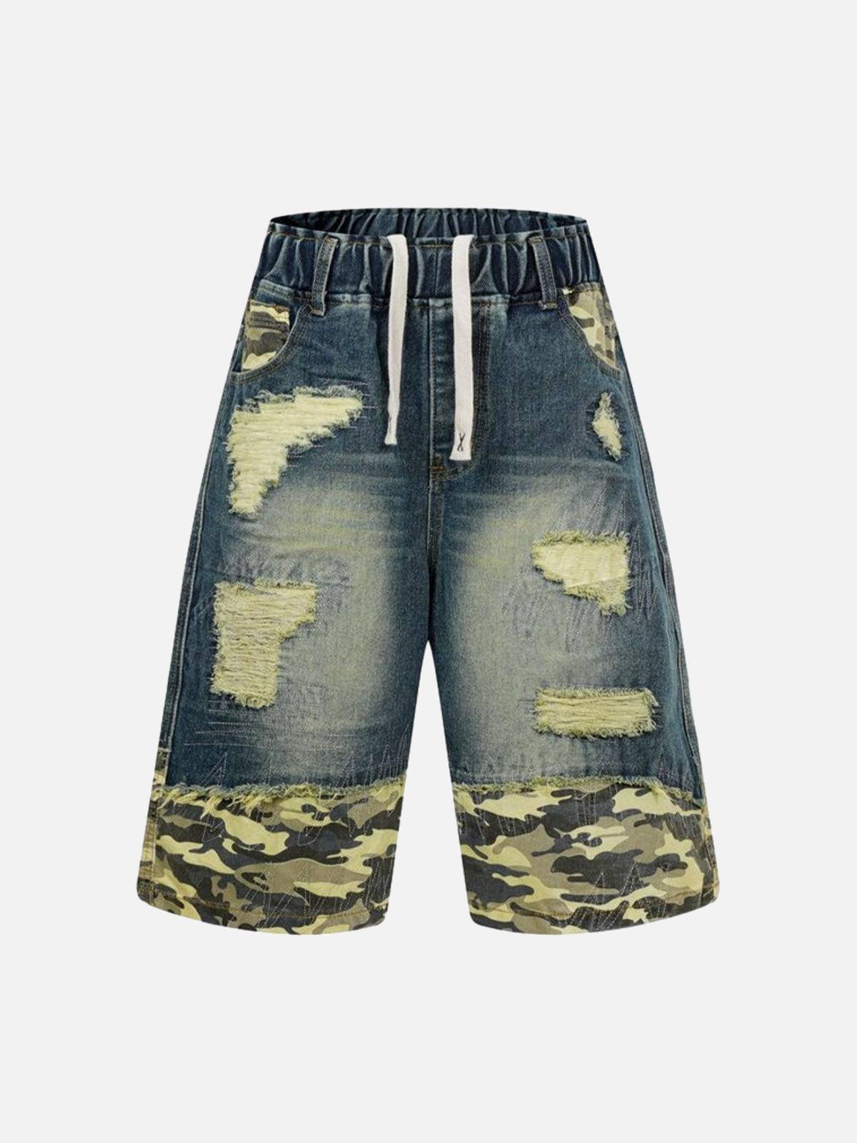 TALISHKO Distressed Camouflage Denim Shorts