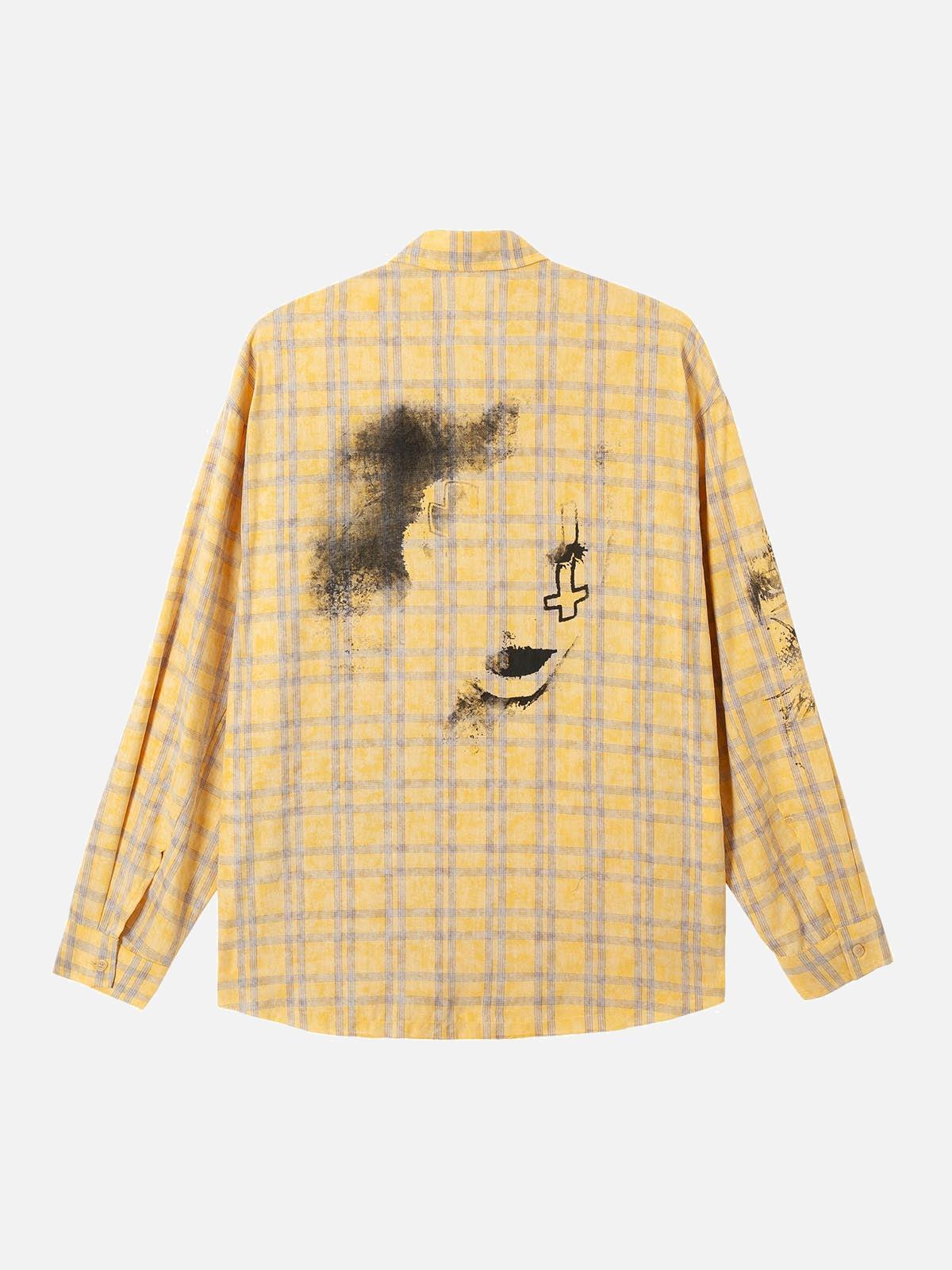 TALISHKO Graffiti Letter Print Long Sleeve Plaid Polo Shirt