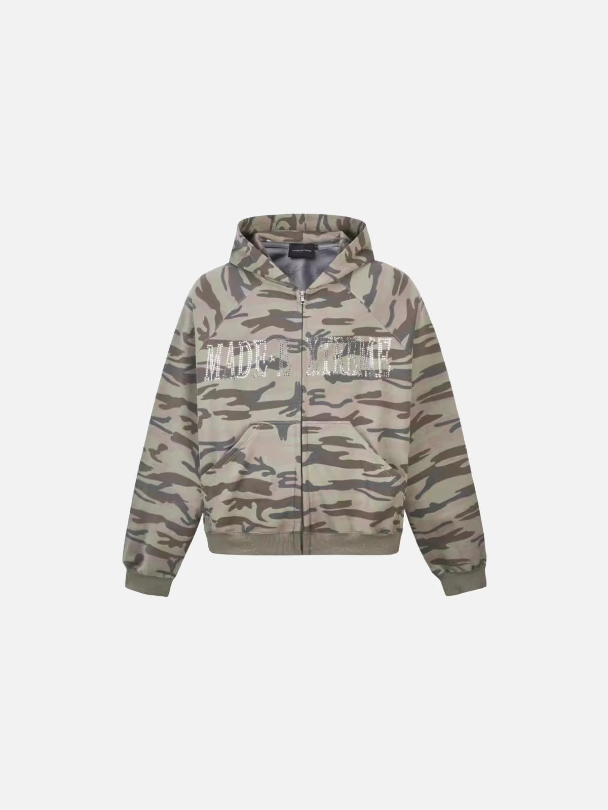 TALISHKO Camouflage Sequin Letter Pattern Zipper Hoodie