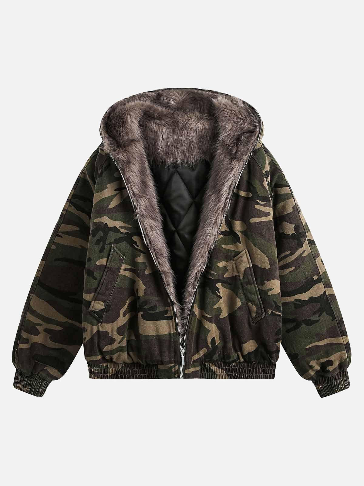 TALISHKO Camouflage Fur Collar Hooded Quilted Jacket