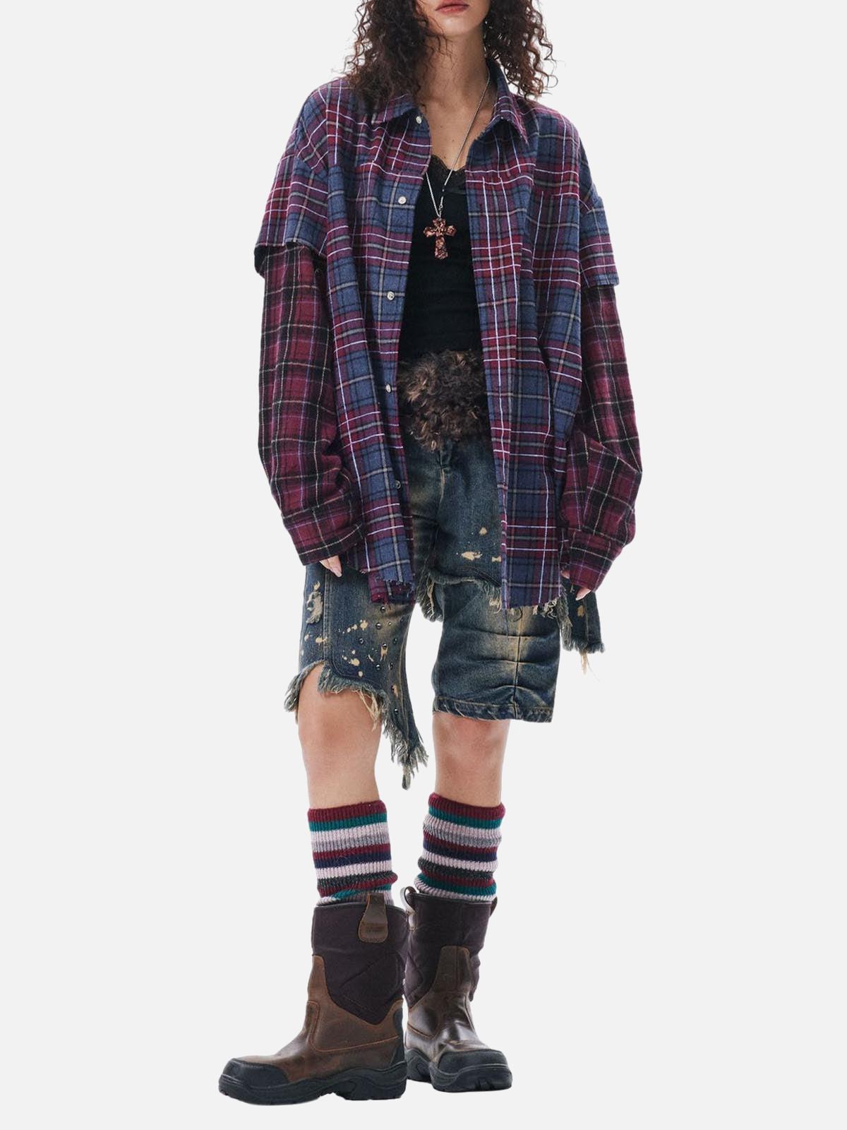 TALISHKO Retro Faux Two-Piece Plaid Shirt